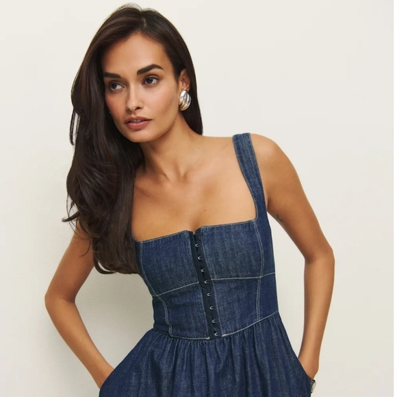 Reformation Tagliatelle Denim Midi Dress Ellis Size 10 NWT - Picture 4 of 16